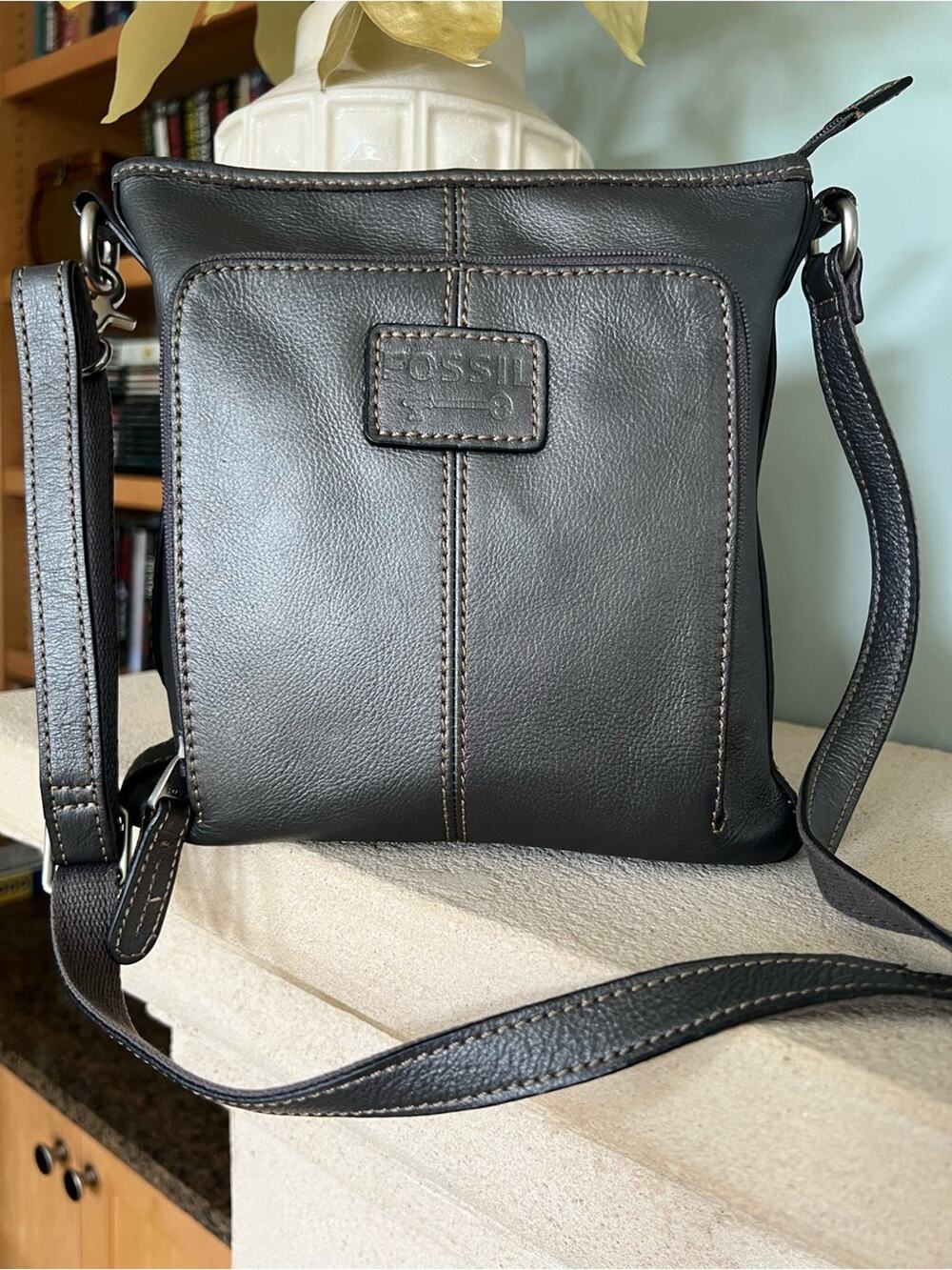 Fossil Crosstown Gunmetal Metallic Charcoal Leather Organizer Crossbody Bag